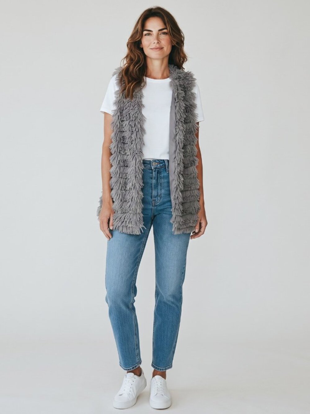 Grey Shaggy Faux Fur Sleeveless Open Front Vest